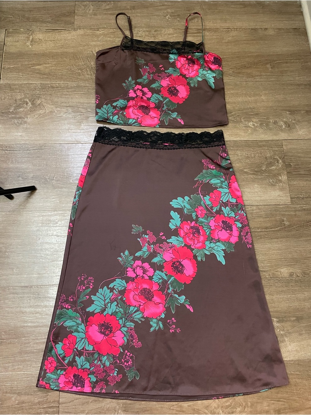 Free People Salvatore Midi Maxi Slip Skirt Set Size L Fudge Brown Floral Lace